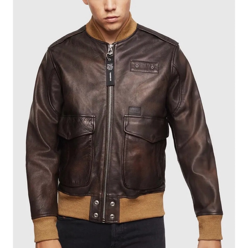 Diesel L-OIUKI Leather Bomber Jacket brown